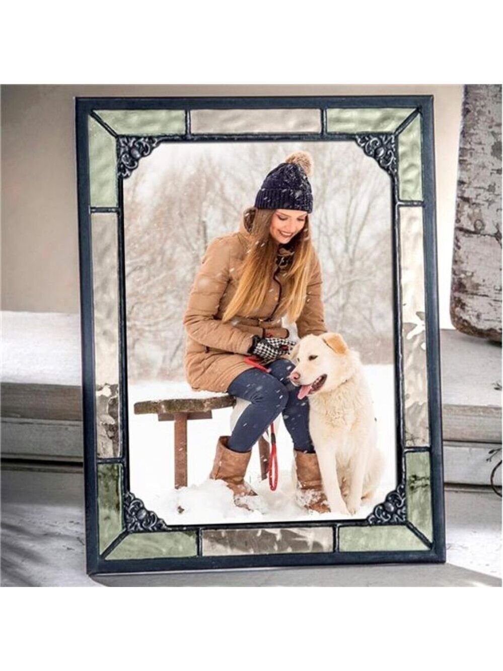 Vintage Green Stained Glass Picture Frame 5x7 Tabletop Photo Display Decor